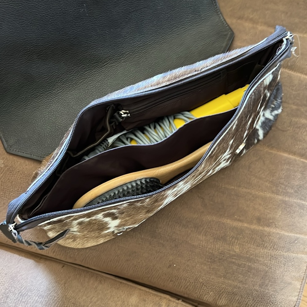 Cowhide Zip Cosmetic Pouch - Brown and White